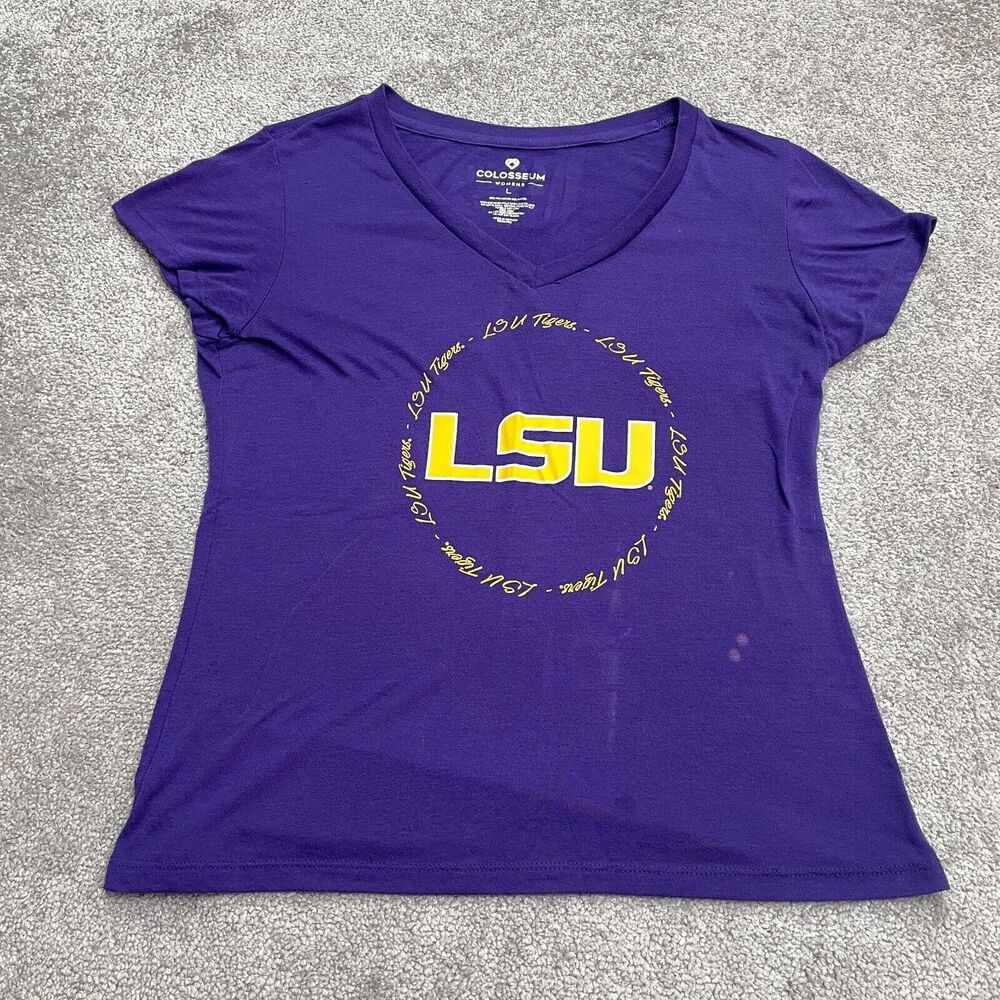 Colosseum Graphic T-Shirt Womens Large Blue V-Neck Short Sleeve Casual LSU Tee